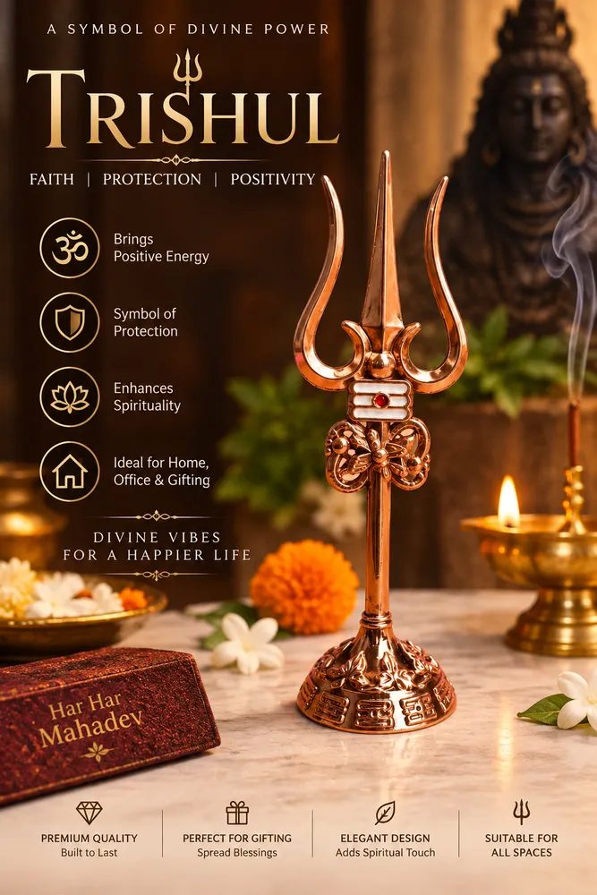 Metal Lord Shiva Trishul with Damru and Stand – 20cm Decorative Trident for Home Temple, Puja Room & Office thumbnail 4