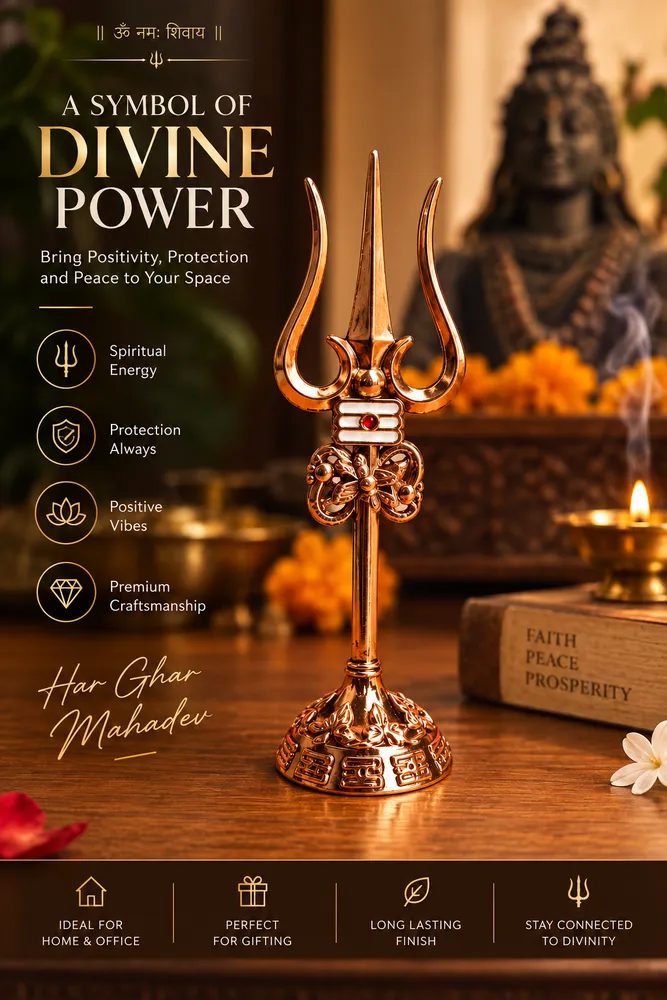 Metal Lord Shiva Trishul with Damru and Stand – 20cm Decorative Trident for Home Temple, Puja Room & Office thumbnail 5