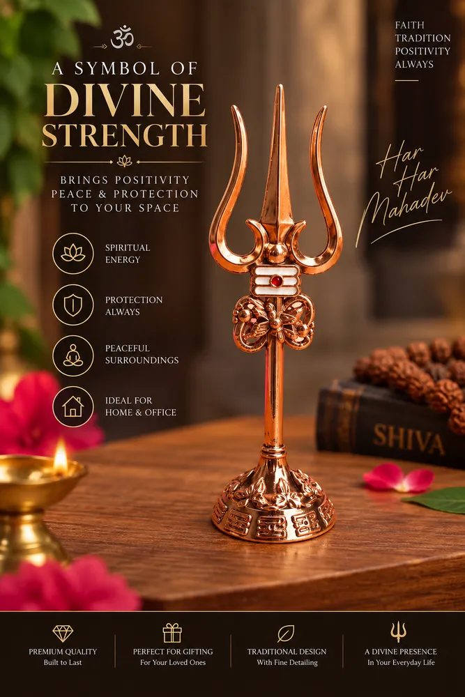 Metal Lord Shiva Trishul with Damru and Stand – 20cm Decorative Trident for Home Temple, Puja Room & Office thumbnail 3