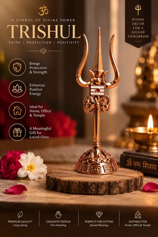 Metal Lord Shiva Trishul with Damru and Stand – 20cm Decorative Trident for Home Temple, Puja Room & Office thumbnail 6