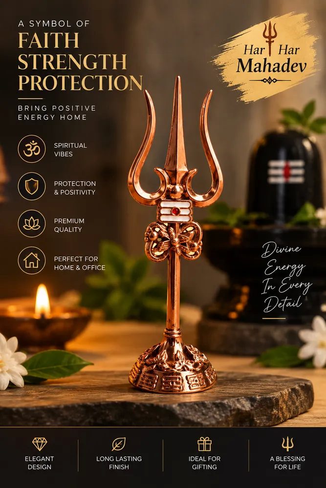Metal Lord Shiva Trishul with Damru and Stand – 20cm Decorative Trident for Home Temple, Puja Room & Office thumbnail 2