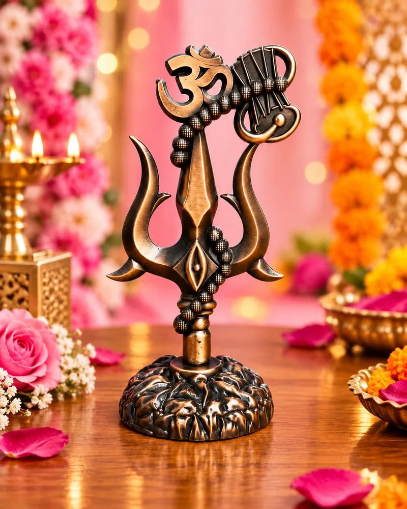 Antique-Finish Metal Lord Shiva Om Trishul with Damru and Stand – 20cm Decorative Trident for Home Temple, Puja Room & Office