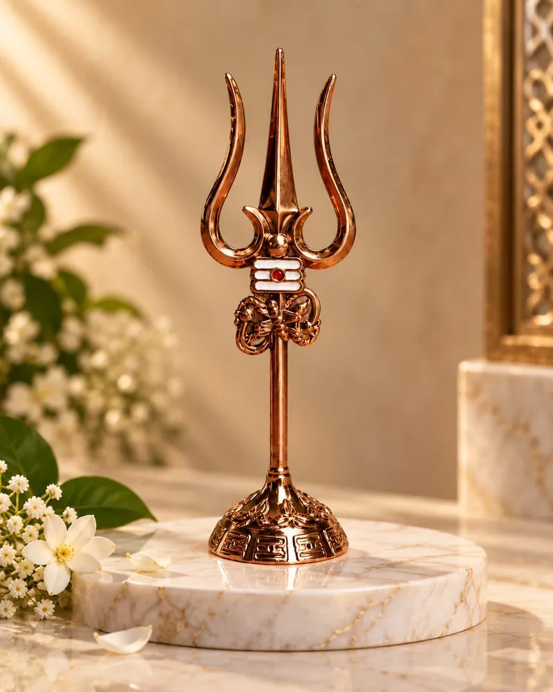 Antique Bronze-Tone Metal Lord Shiva Trishul with Tilak, Damru and Stand – 20cm for Home Temple, Puja Room & Office