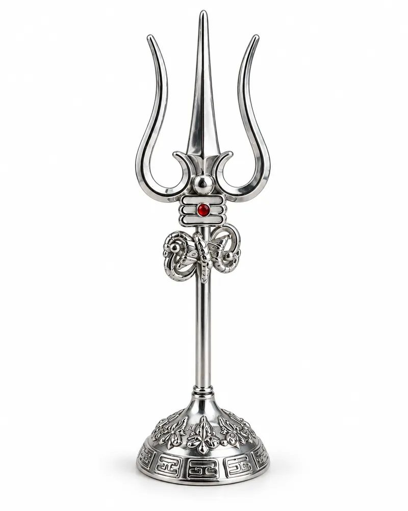 Silver-Tone Metal Lord Shiva Trishul with Tilak, Damru and Stand – 20cm for Home Temple, Puja Room & Office