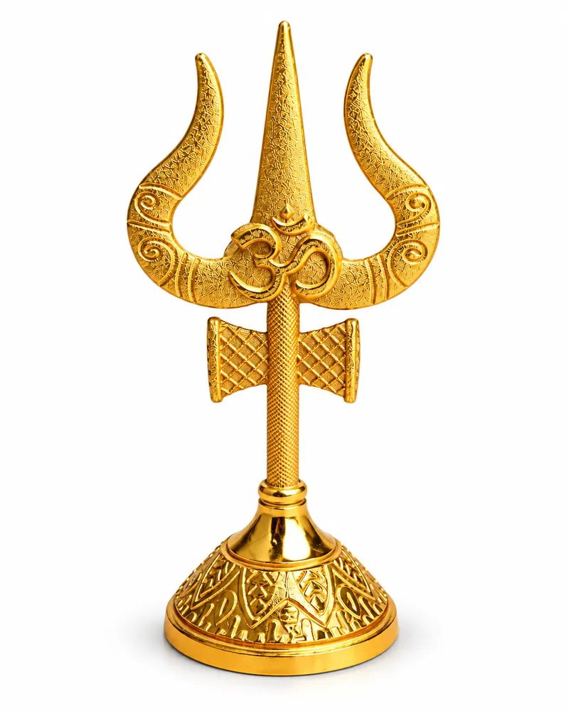 Gold-Tone Metal Lord Shiva Om Trishul with Damru and Stand (20cm) for Home Temple, Puja Room & Office